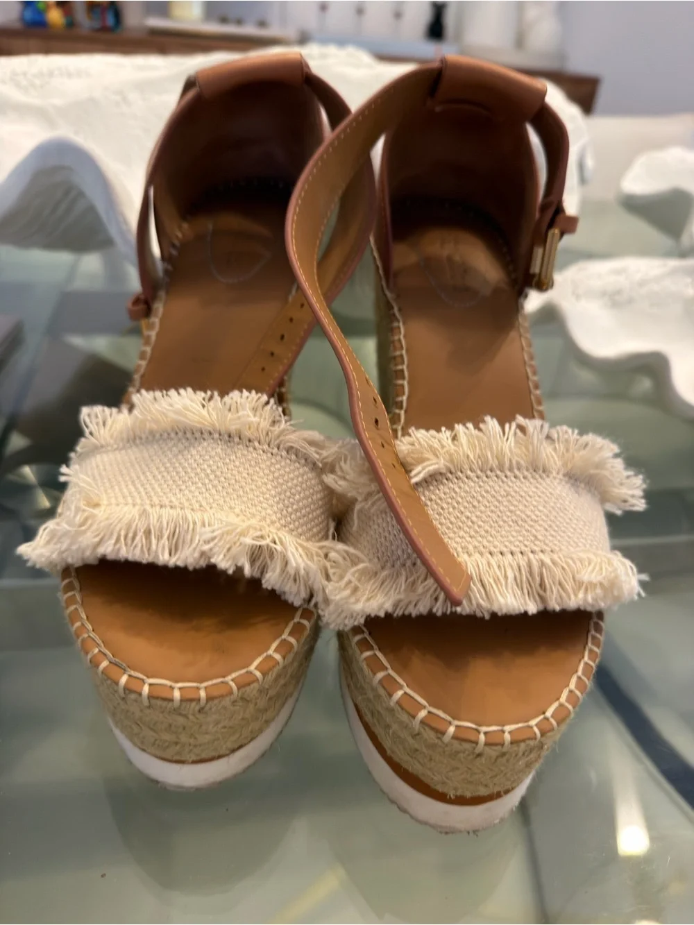 Chloe Tan and Cream Espadrille Wedge Sandals